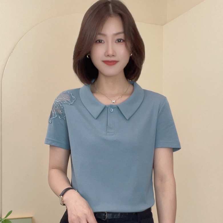 5711夏季新款纯色翻领气质休闲百搭减龄设计感时尚小众女T恤