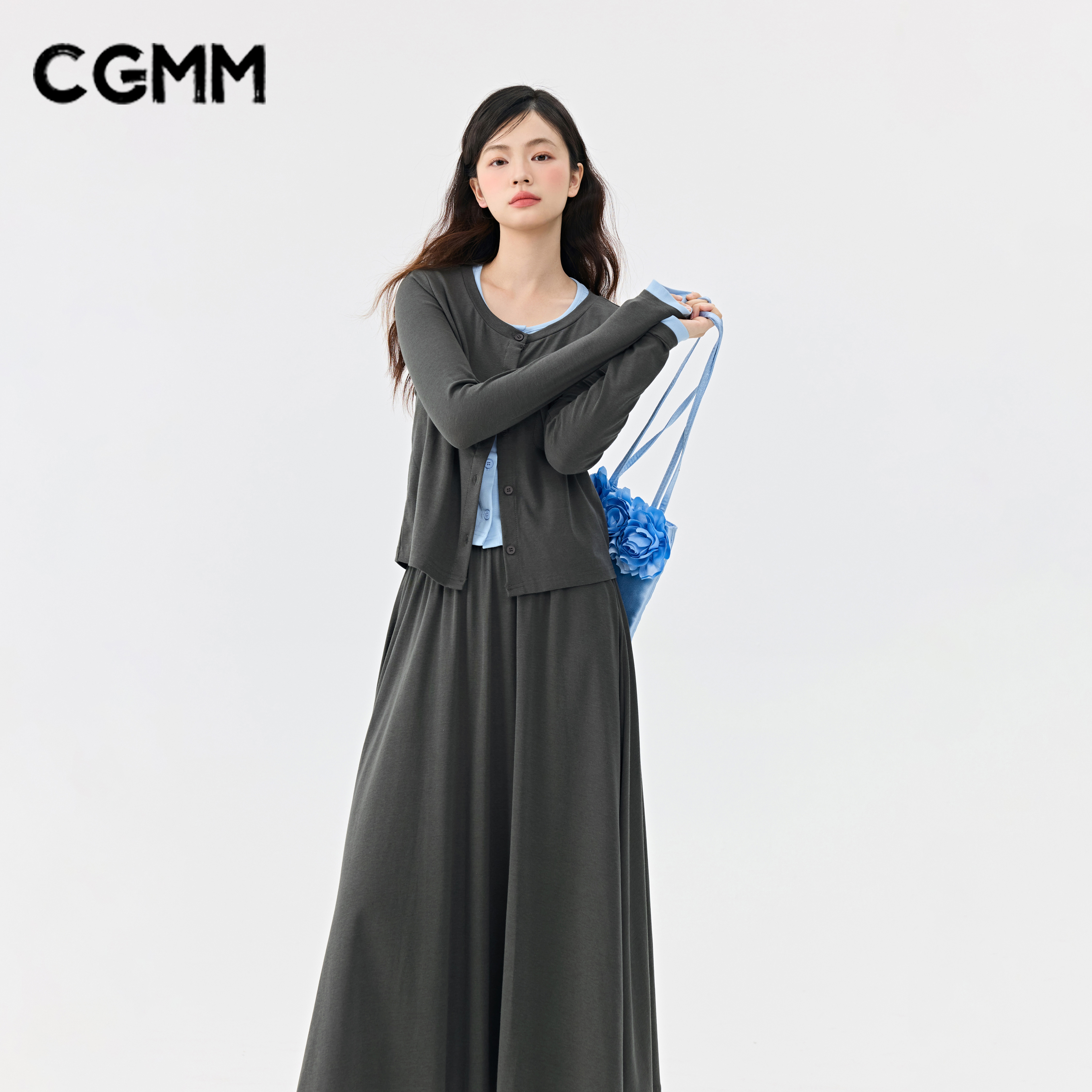 CGMM/橱柜密码新款时尚通勤撞色假两件上衣半身裙套装DSOMB5011