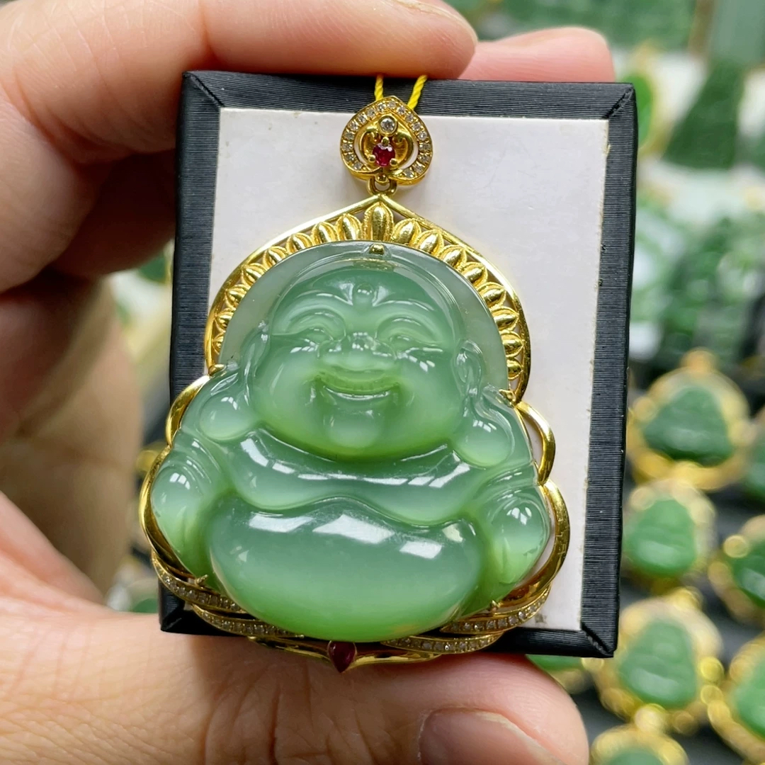 新春特惠18k和田碧玉冰底豪镶粉青猫眼佛公吊坠裸佛34mm