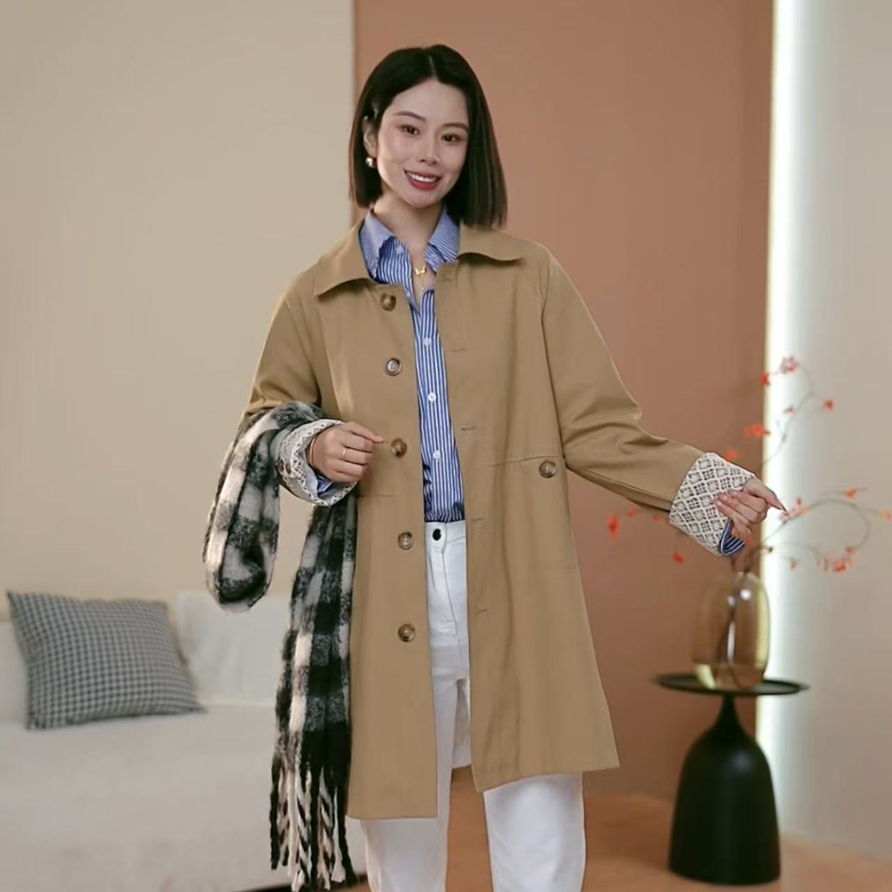 春秋季2025新款韩版时尚纯色长款风衣女小众休闲百搭高级感上衣