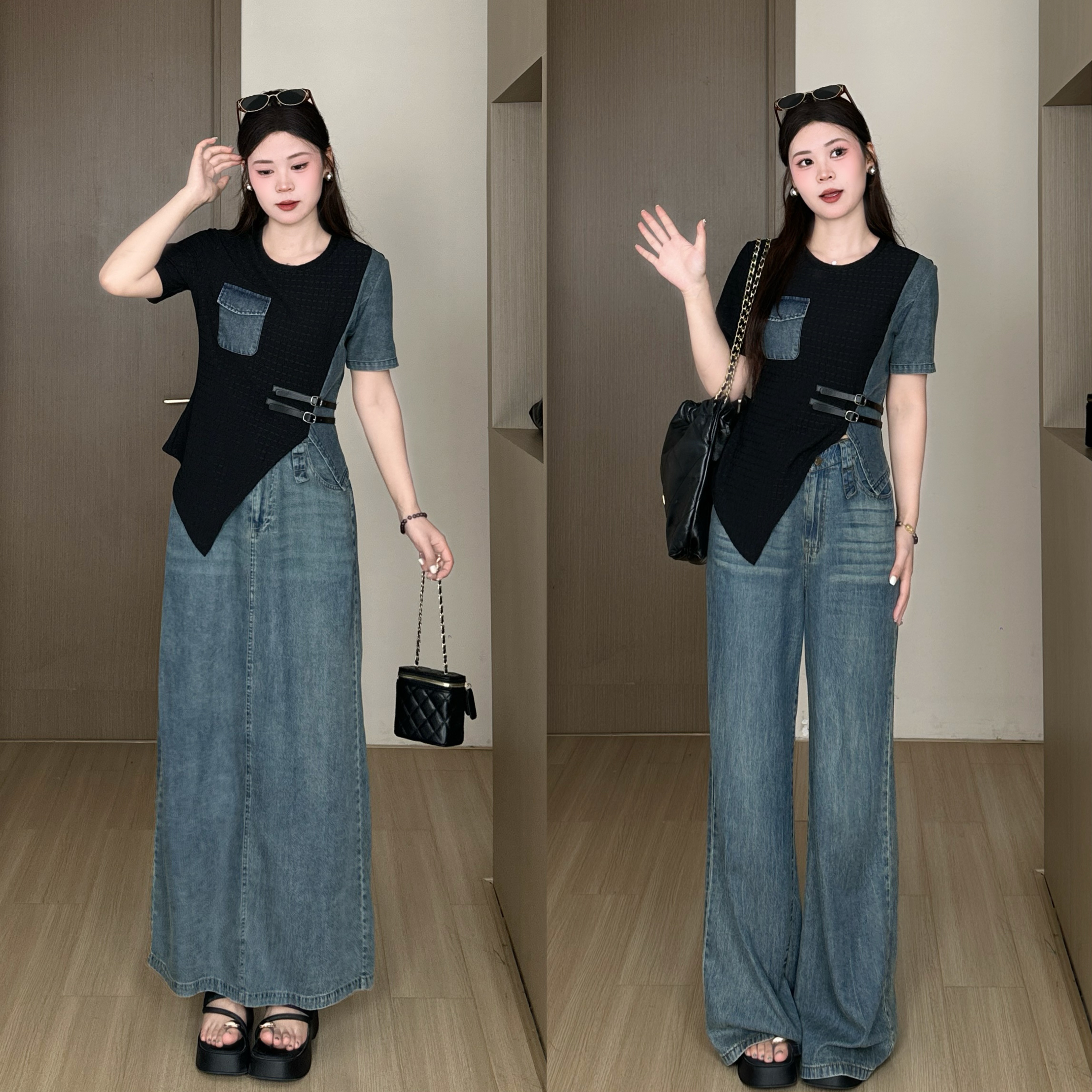 敏敏南岛风大码不规则拼接牛仔短袖上衣夏胖mm显瘦长裤套装ZZM97