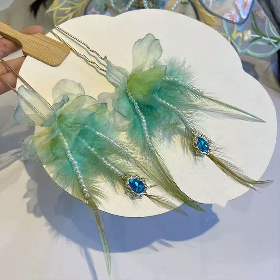 【云鬓花颜阁烫花发钗】孔雀羽毛对钗汉服新中式纯手工古风发饰A44