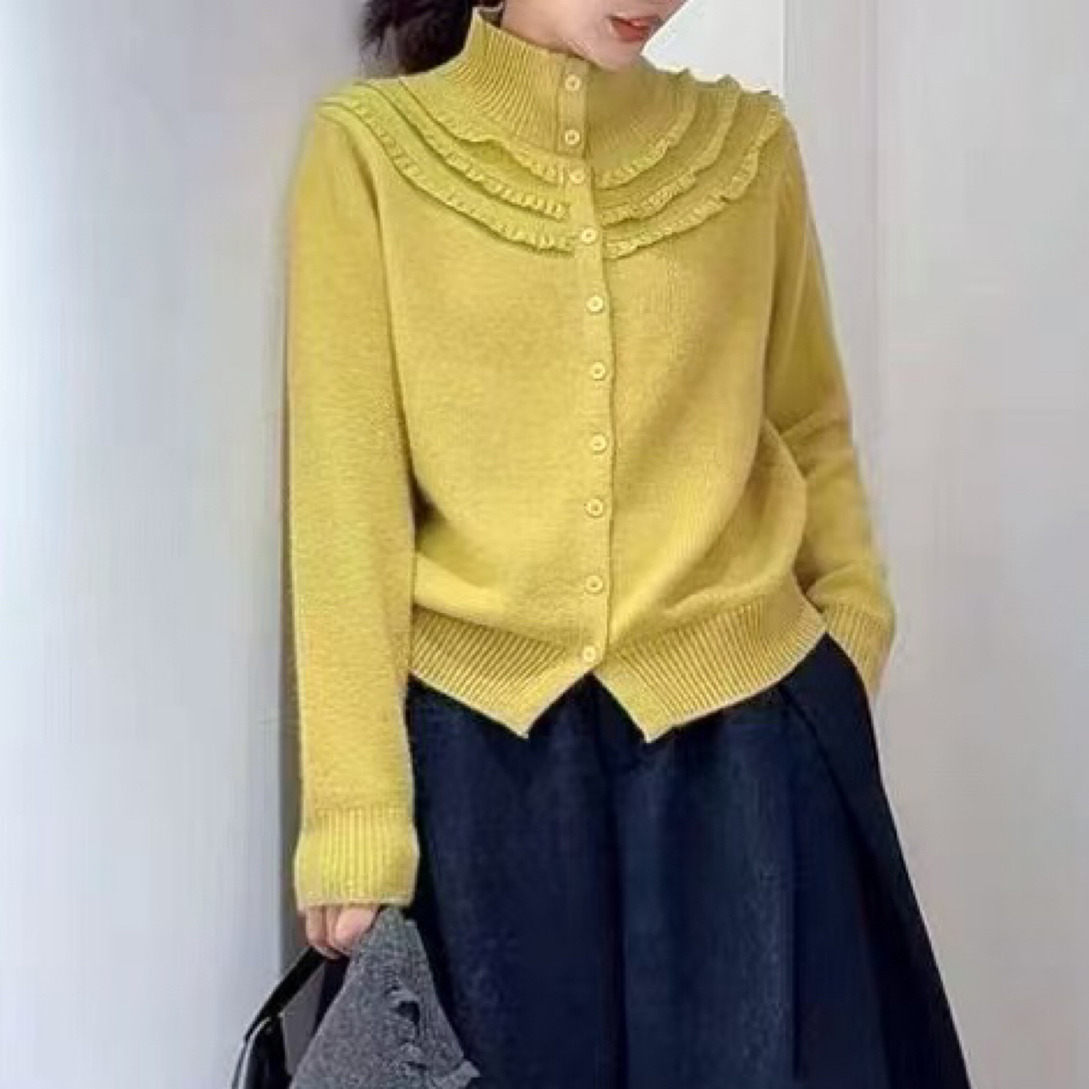 宽松型长袖针织常规款女蕾丝毛针织衫开衫百搭高领休闲