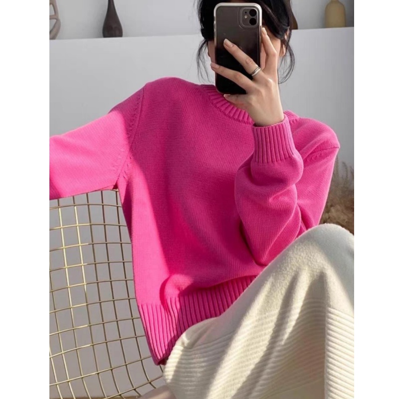 【亮玫红纯色】韩系百搭亮莓粉宽松韩系大版显瘦显白气质针织毛衣女