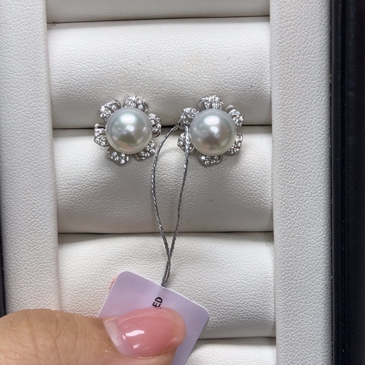 海水珍珠耳饰银S925镶嵌澳白8-9mm89号