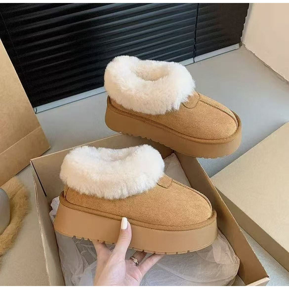 厚底毛绒一脚蹬雪地靴子女冬季加绒加厚保暖新款毛毛棉鞋外穿-XZ