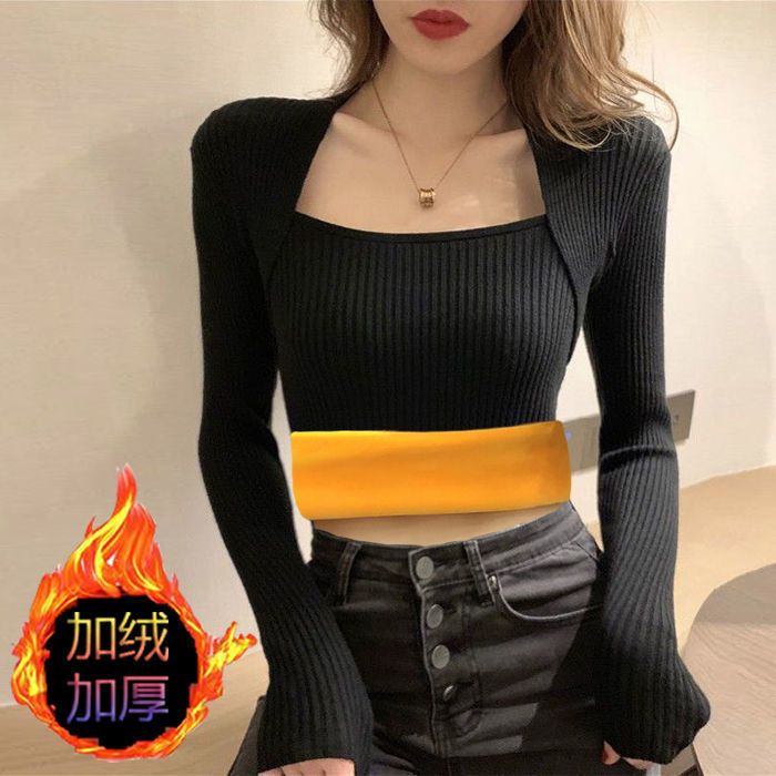 秋冬加绒加厚U领针织衫女内搭修身纯色百搭打底衫毛衣上衣