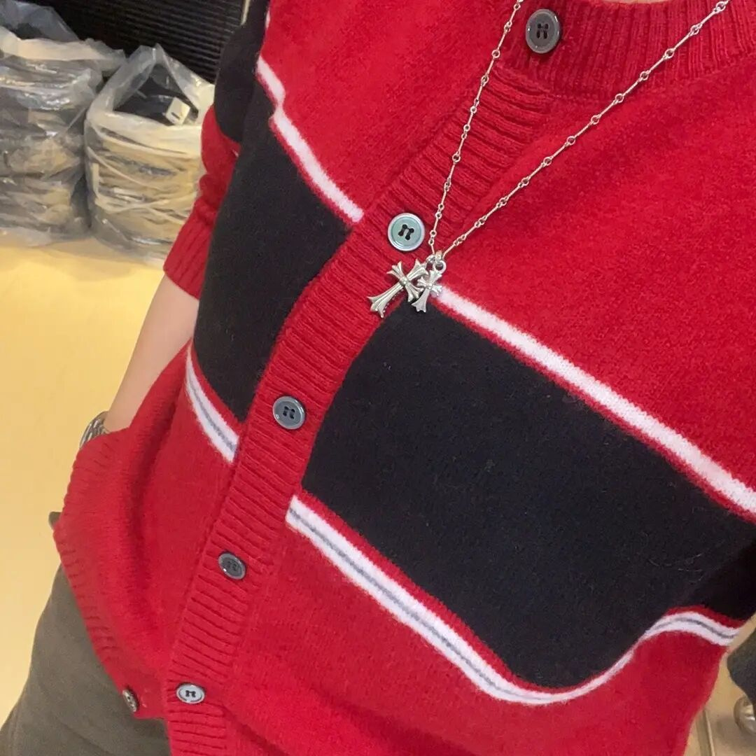 2025早秋新款撞色条纹圆领针织开衫女宽松慵懒风百搭毛衣外套