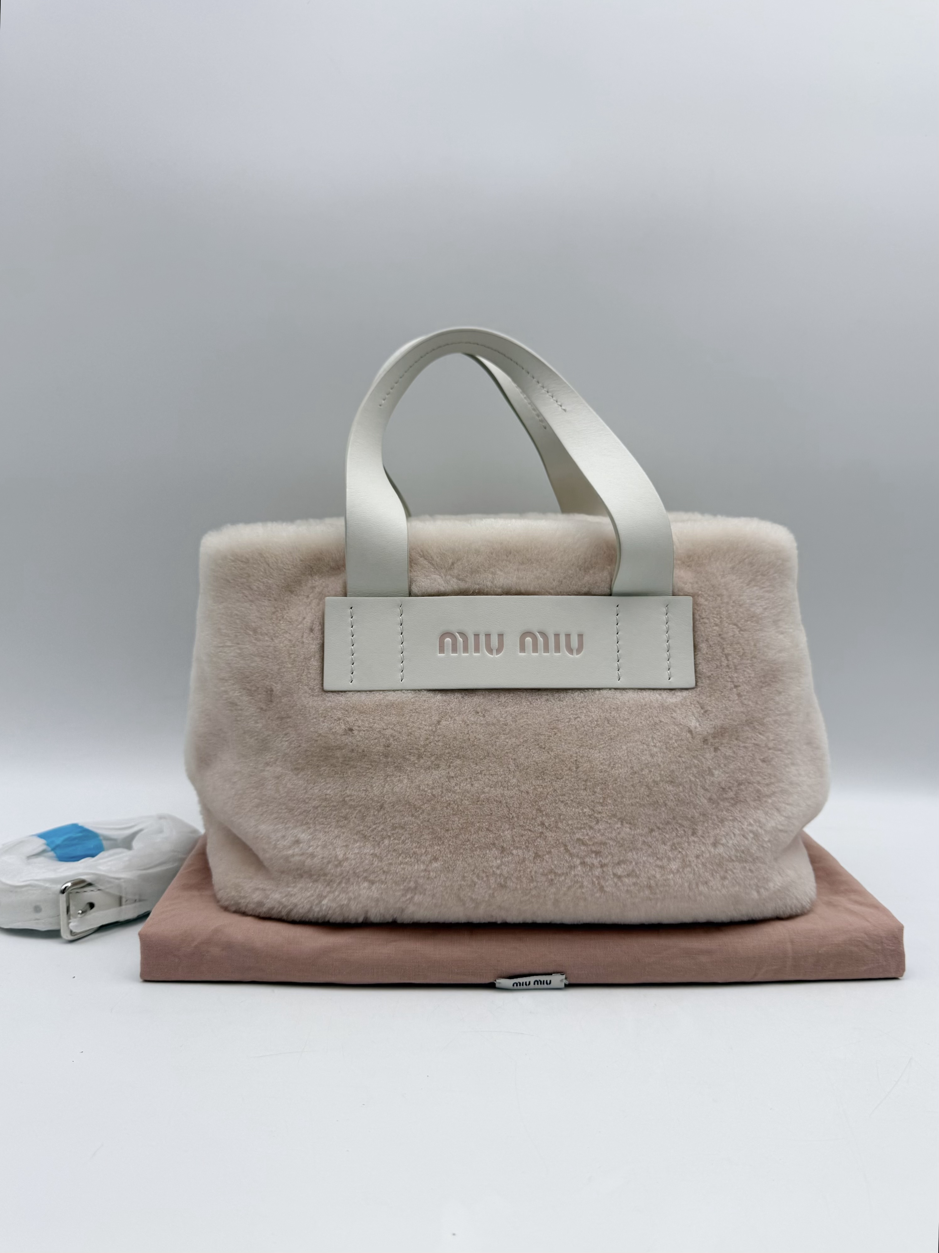 99新 MIU MIU/缪缪 粉色毛绒拼皮手提包有肩带 托特包38341