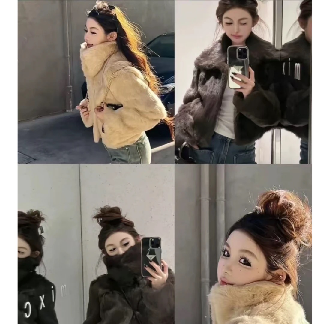 momo·studio百分百兔毛皮草定染短款外套中古真皮皮毛一体老钱风