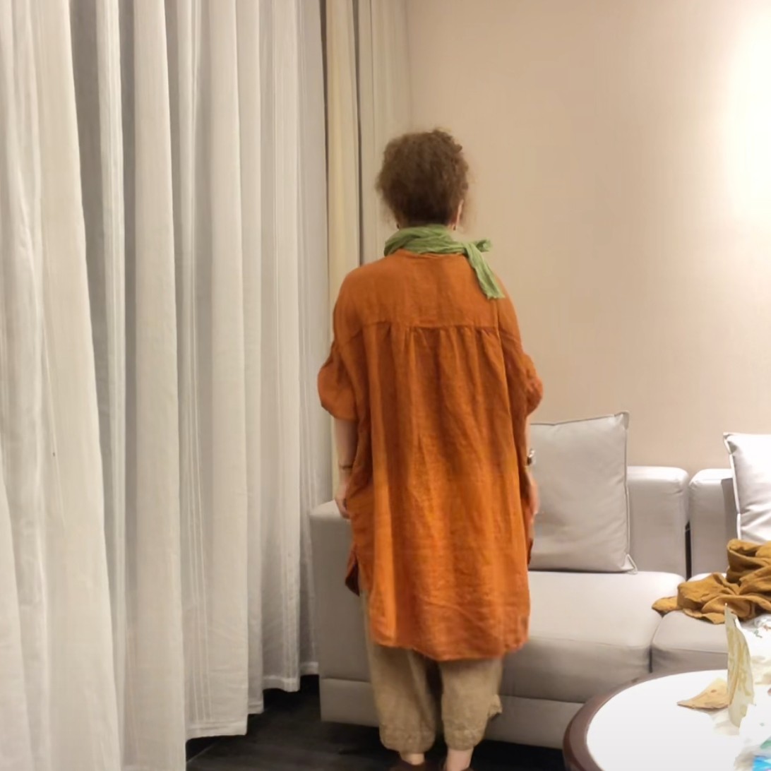 复古休闲百搭砂洗炒色渐变亚麻中长款圆领对襟衬衫