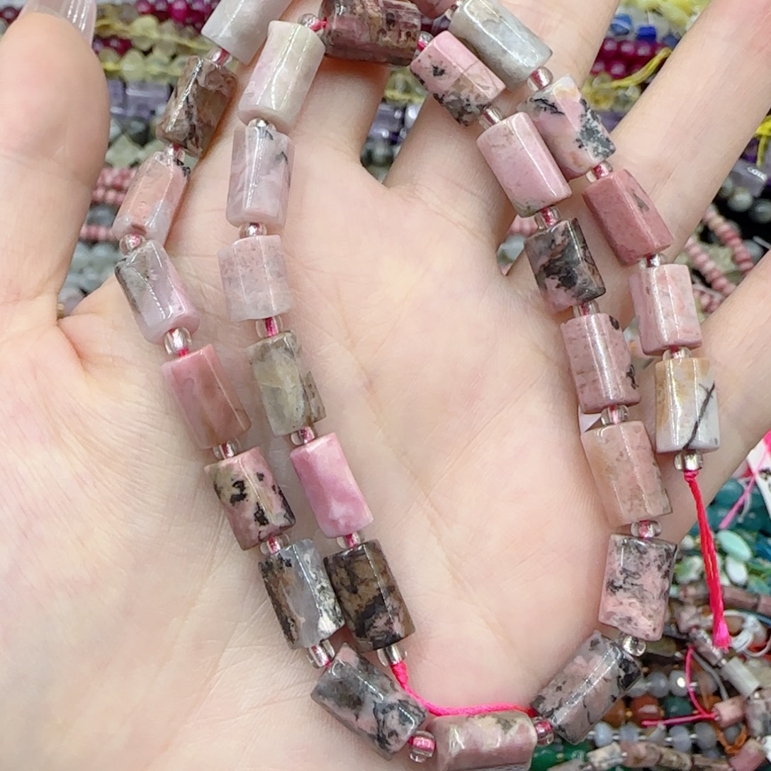 玛瑙/玉髓未镶嵌珠宝半成品原矿蔷薇手工管珠一条