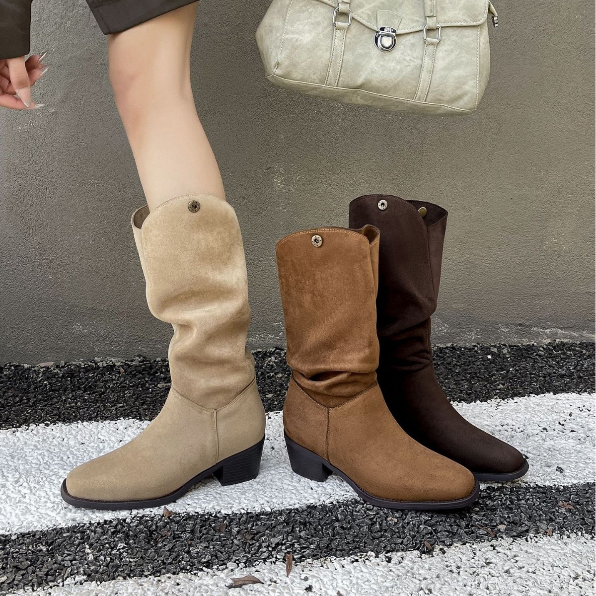 堆堆靴2025秋季粗跟长筒靴高筒骑士靴不过膝靴子西部牛仔长筒靴