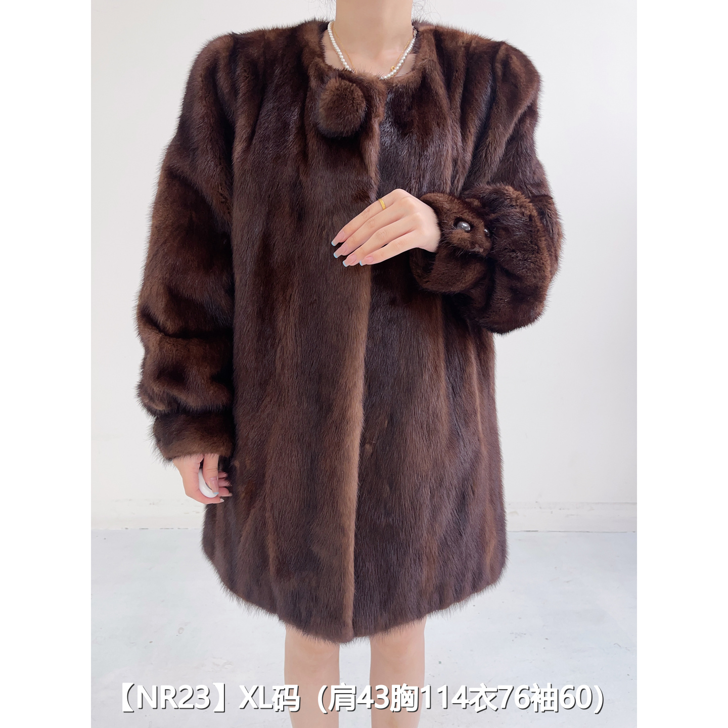 【NR23】XL 焦糖棕中长款全抽水貂毛大衣女 圆领泡泡袖 16023