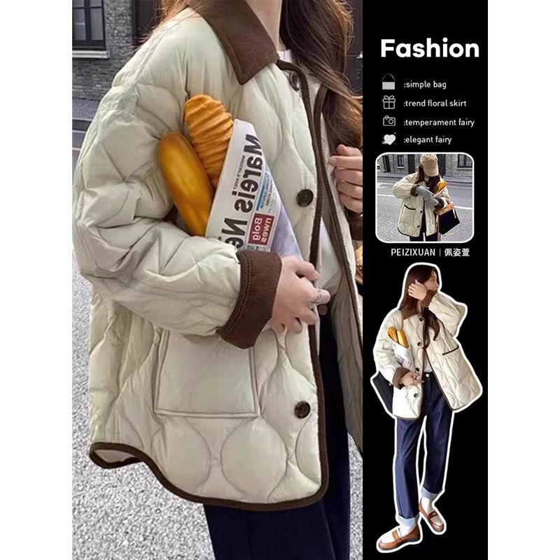 复古菱格服外套女秋冬季2025新款宽松袄翻领撞色短款衣