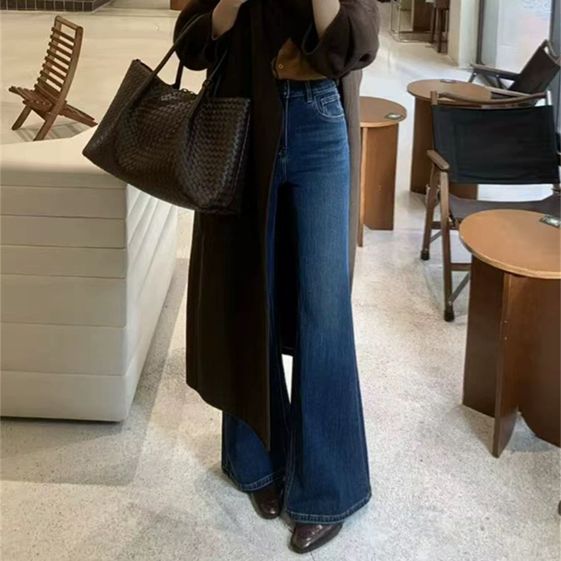 十三行秋冬加绒高腰显瘦弹力阔腿拖地微喇牛仔裤女款