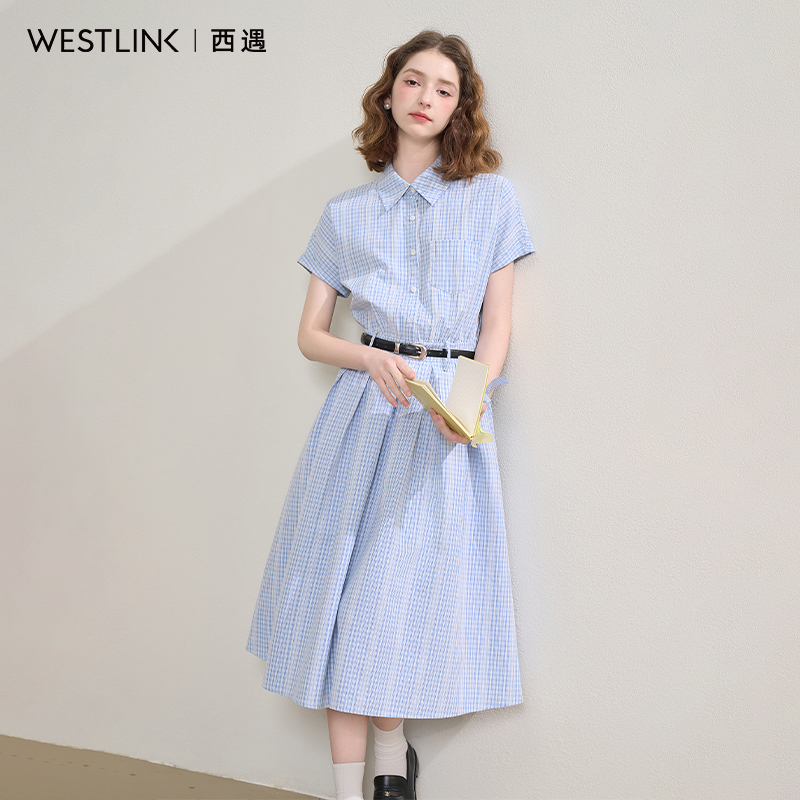 1101西遇学院风蓝色格纹短袖衬衫连衣裙女2025秋季收腰百褶长裙