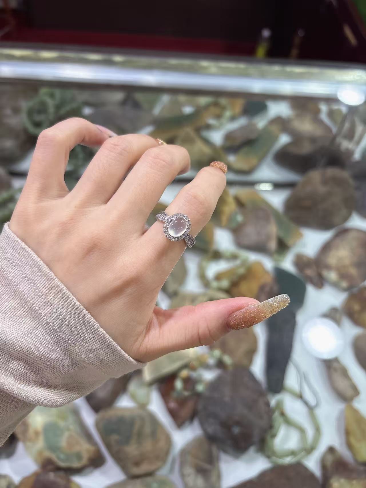 s925银镶天然岫玉小蛮腰开口可调节