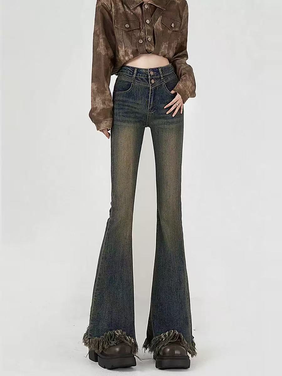 加绒复古港风高腰微弹阔腿长裤牛仔裤尾货样衣默认瑕疵