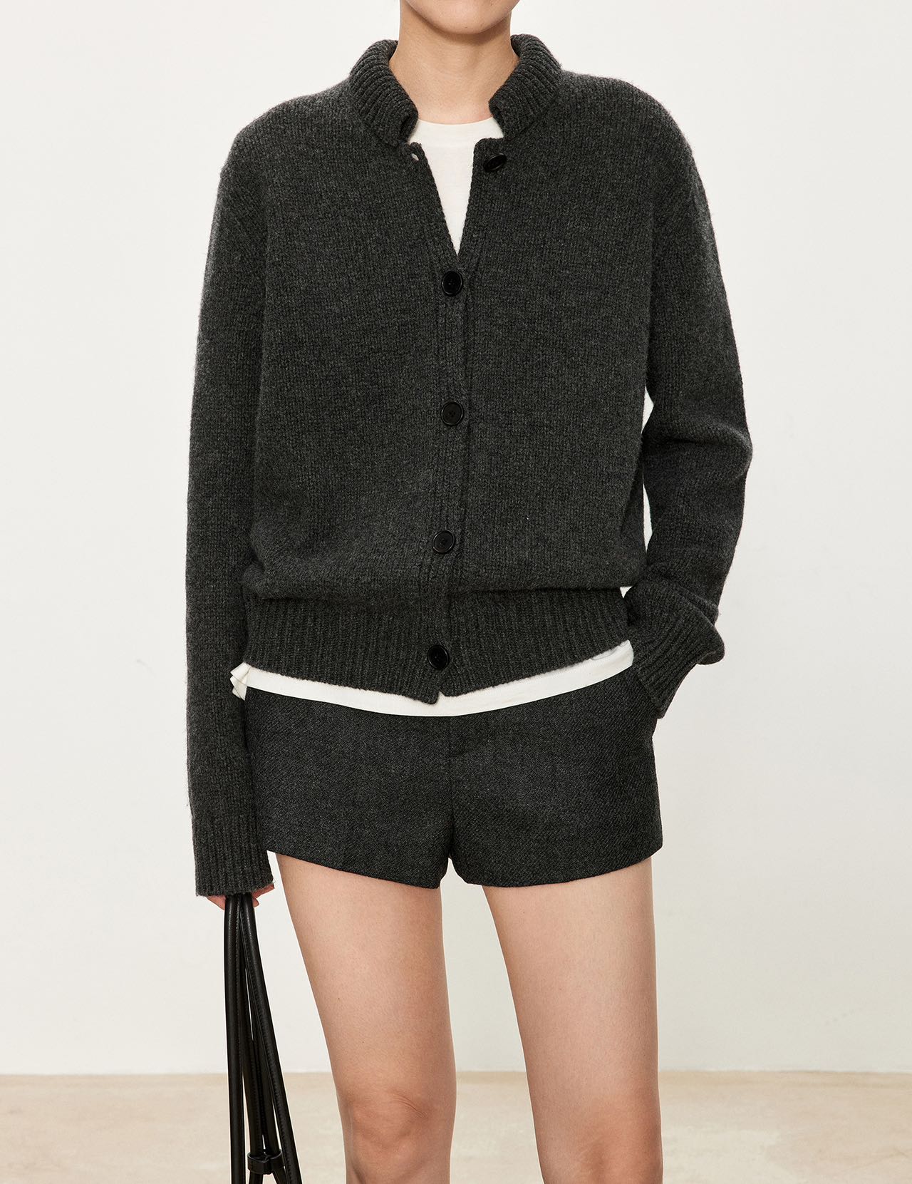 SS25247   老钱风高克重立领夹克式100%美丽诺羊毛针织外套