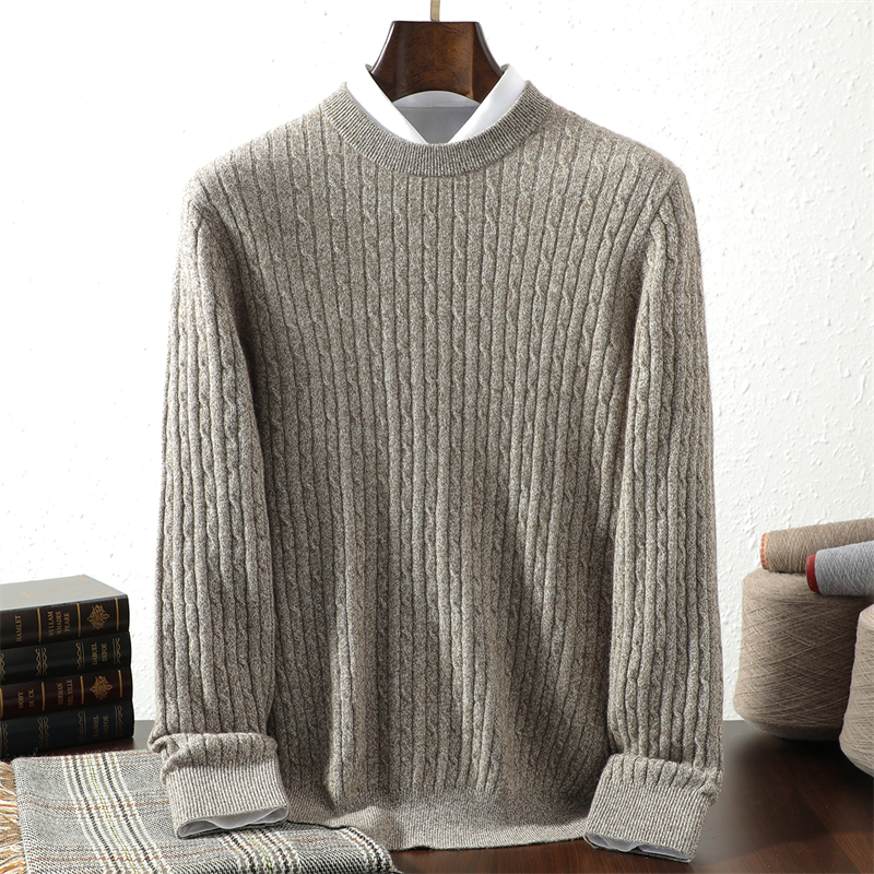 【“双十一”特惠】男士花纱圆领纯山羊绒麻花针织套头衫长袖保暖
