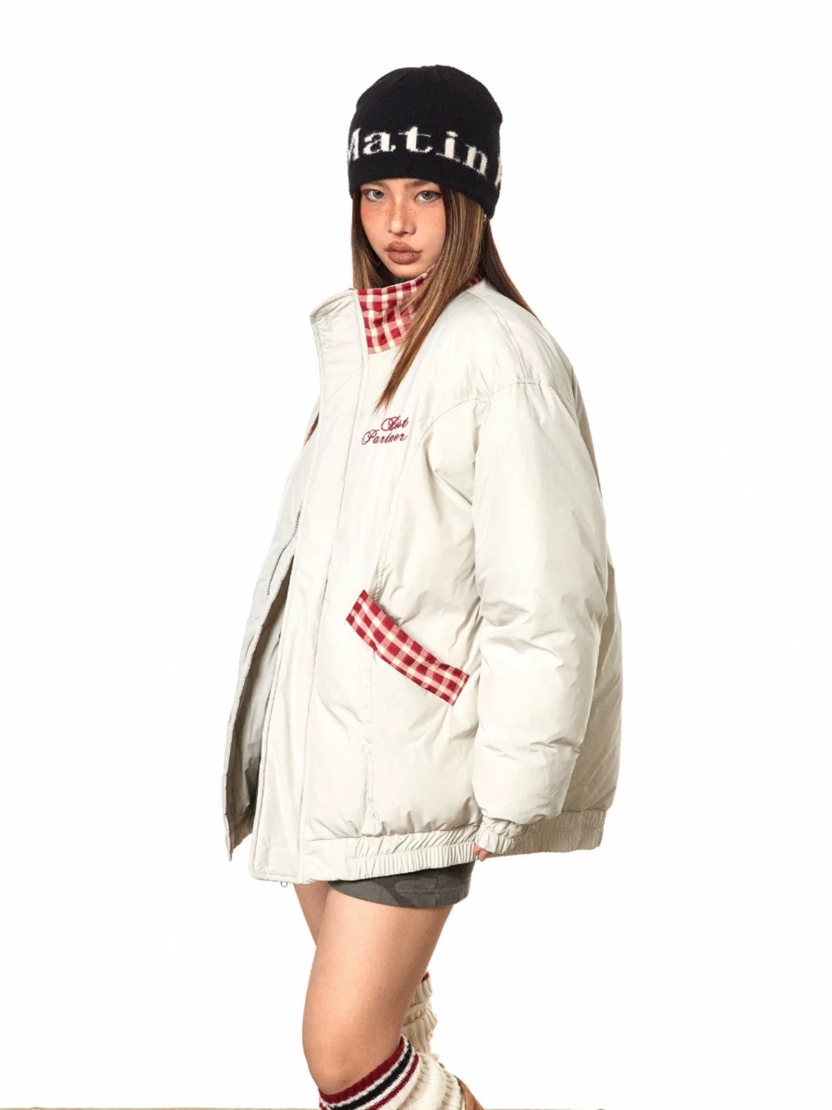 【MY685~棉服】美式撞色复古立领棉服休闲格子拼接秋冬棉服