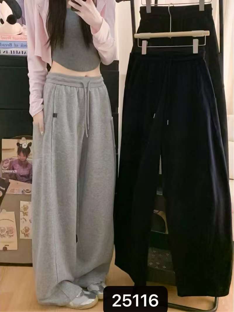 2025年秋冬新款女潮松紧腰抽绳宽松毛呢直筒裤休闲长裤