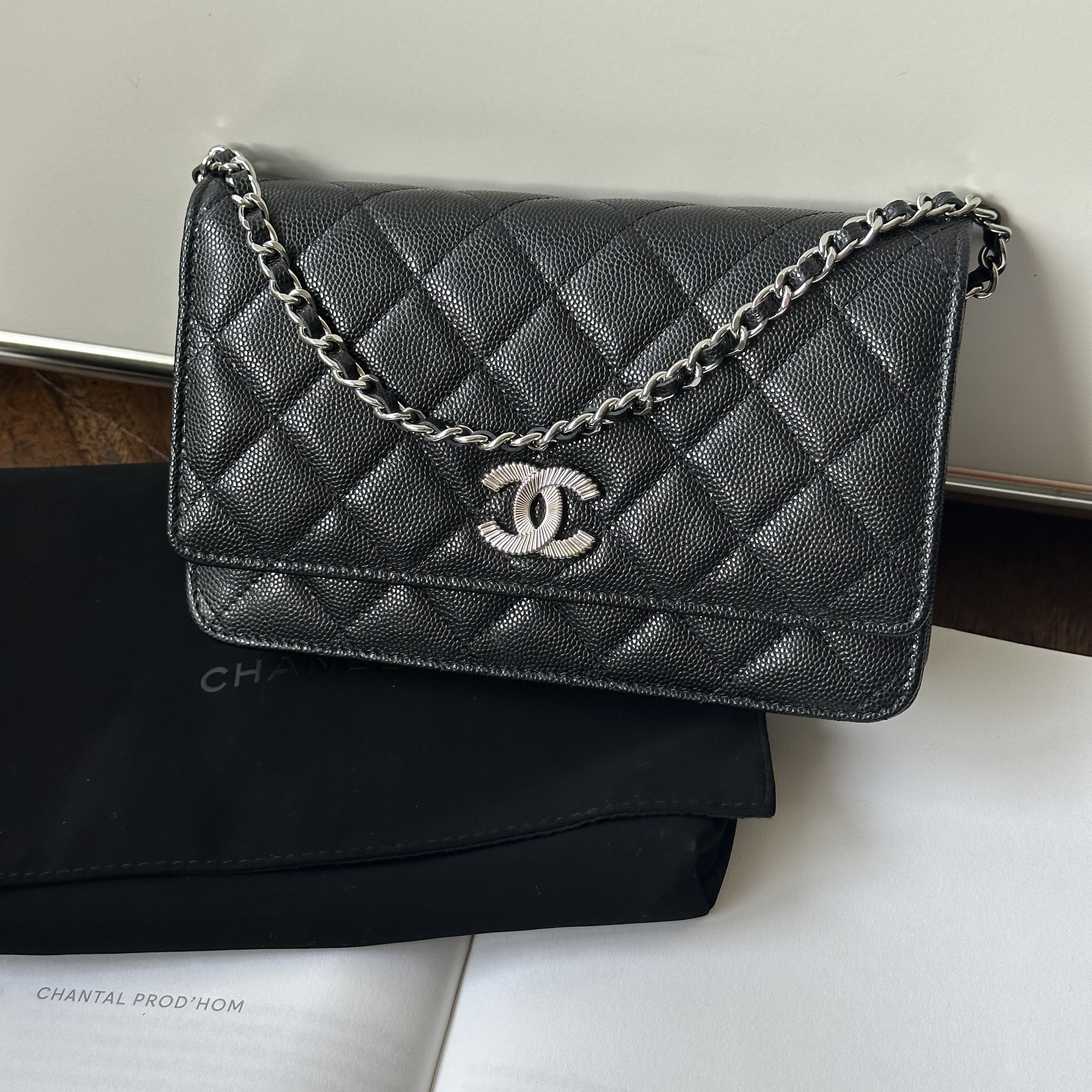 99新 Chanel/香奈儿 25C黑银荔枝皮涂鸦内里woc链条斜挎包41939