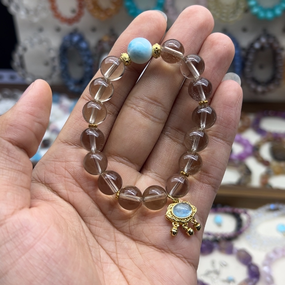 念***安水晶手链未镶嵌茶黄晶海纹石diy