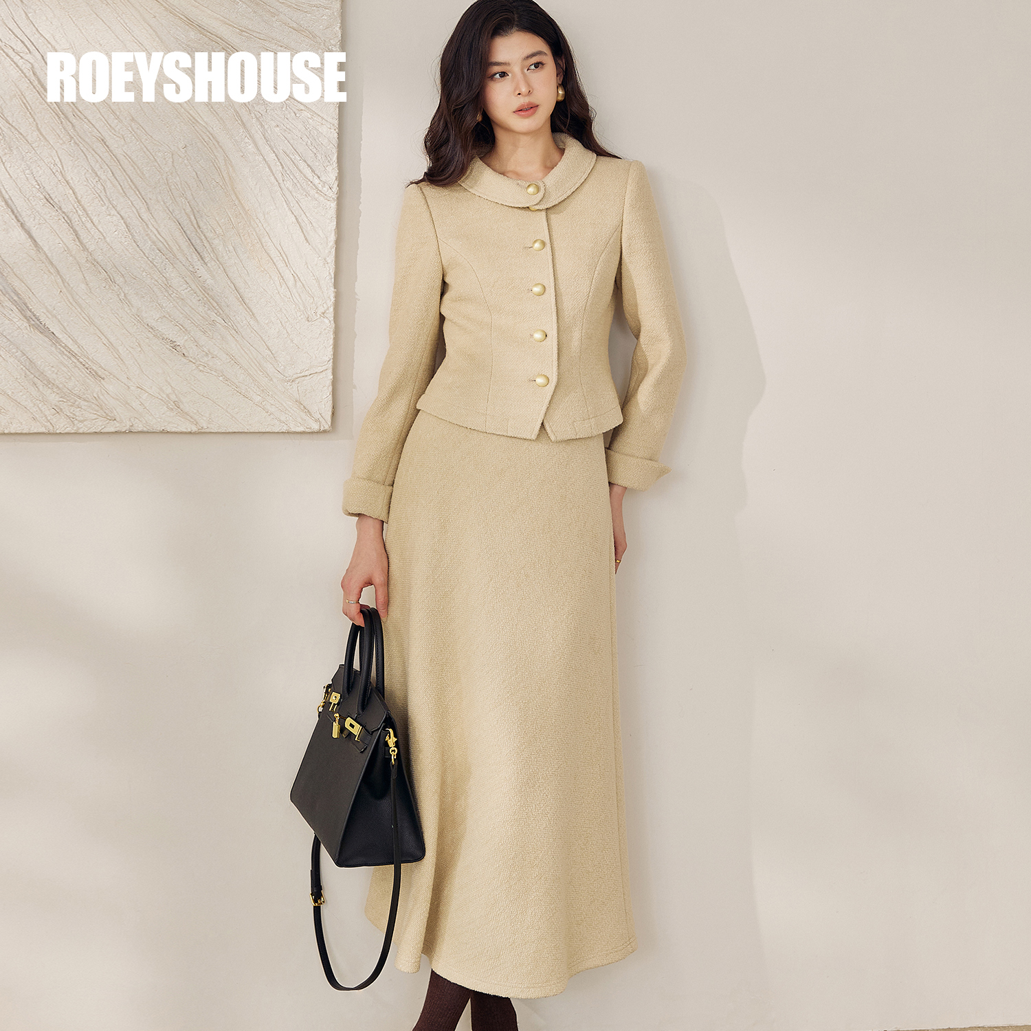 【RH】罗衣绵羊毛粗花呢套装女冬职业上衣半身裙两件套裙13073