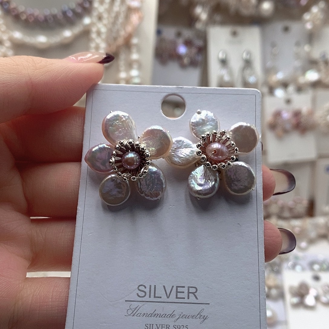 耳饰银S925镶嵌淡水珍珠