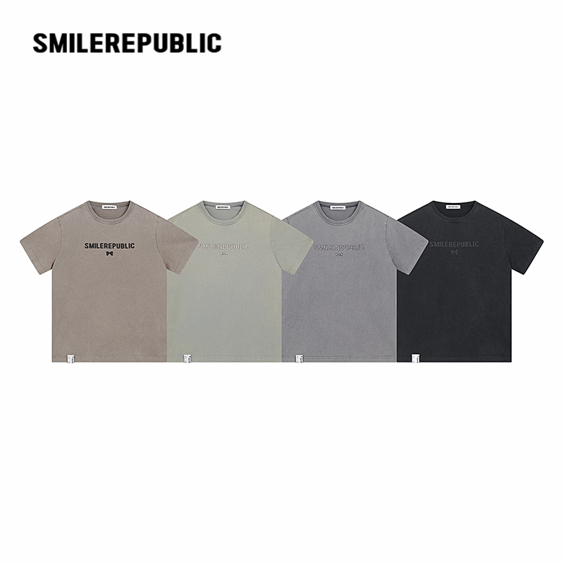 smilerepublic立体印花水洗半袖T恤休闲宽松设计师圆领简约百搭
