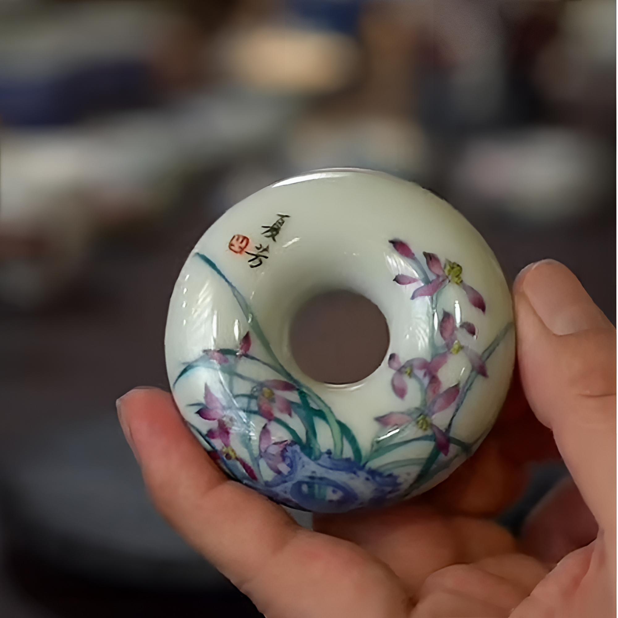 景德镇非遗传承人手绘斗彩兰花平安扣盖置