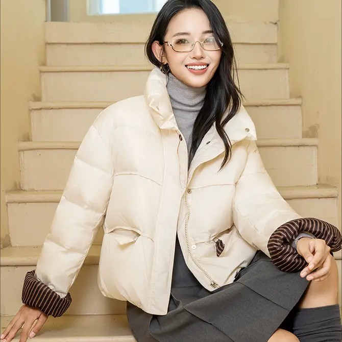 冬妍甜美系九成品羽绒服外壳半成品，加厚拼色时尚短款保暖舒适