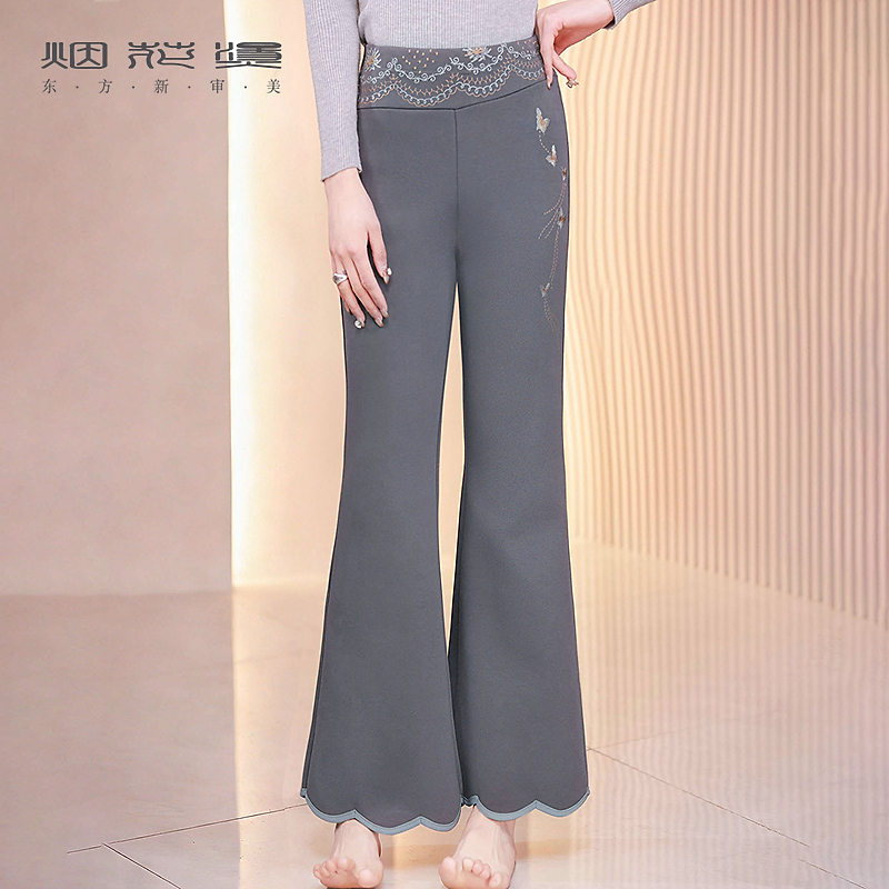 烟花烫高腰灰色小个子刺绣喇叭裤女新款修身气质显瘦休闲裤 季语