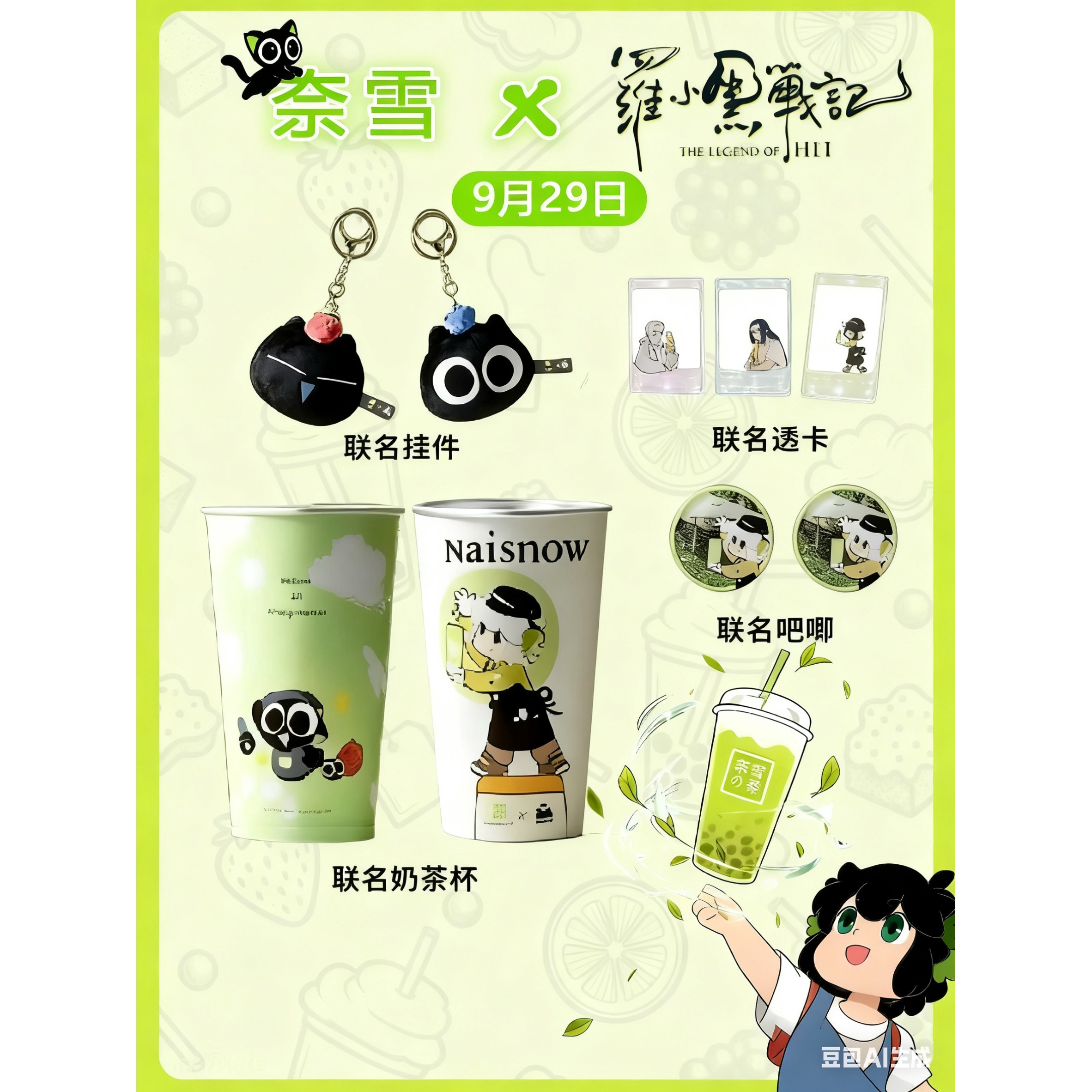 Naisnow奈雪的茶罗小黑联名奶茶周边流沙杯垫亚克力立牌卡片收藏