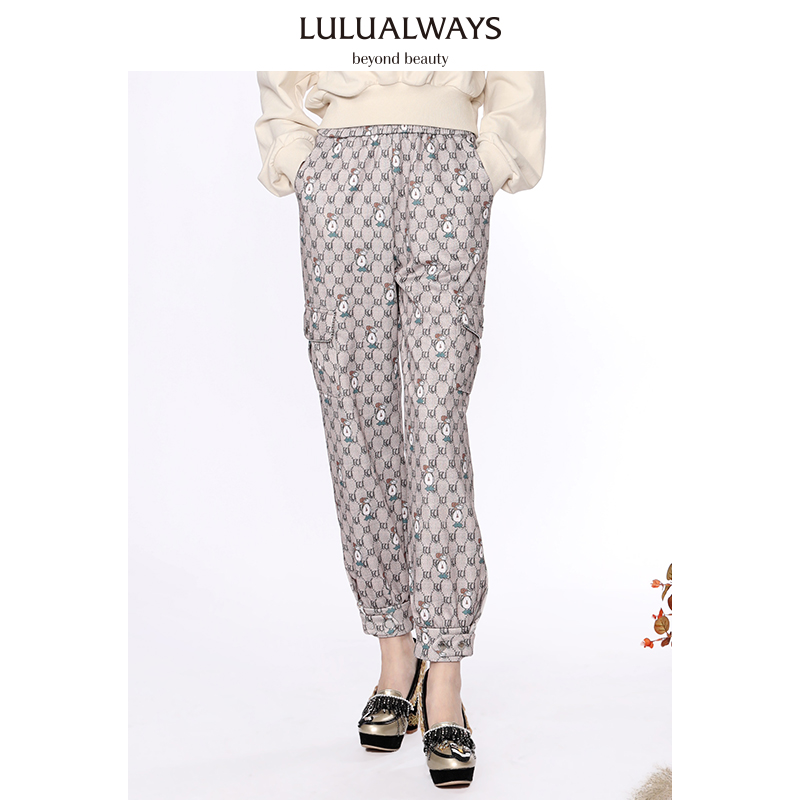 LULUALWAYS秋季原创设计时尚休闲印花宽松口袋拼接长裤LNA3035