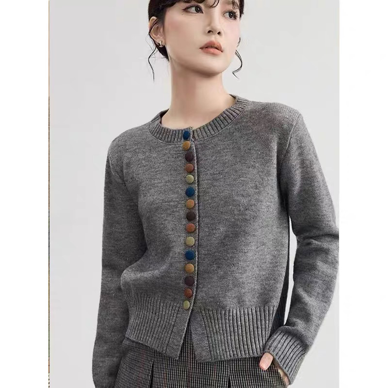 ［雪龙浩家］女装女女款秋季彩色纽扣开衫长袖开衫毛针织衫百搭