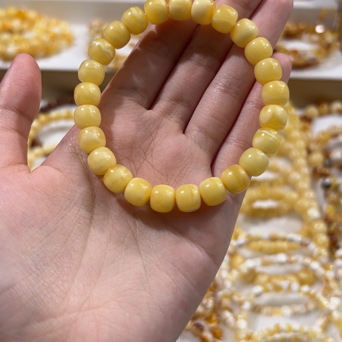 琥珀未镶嵌珠宝奇石浓蜡鸡油黄精工老型手串