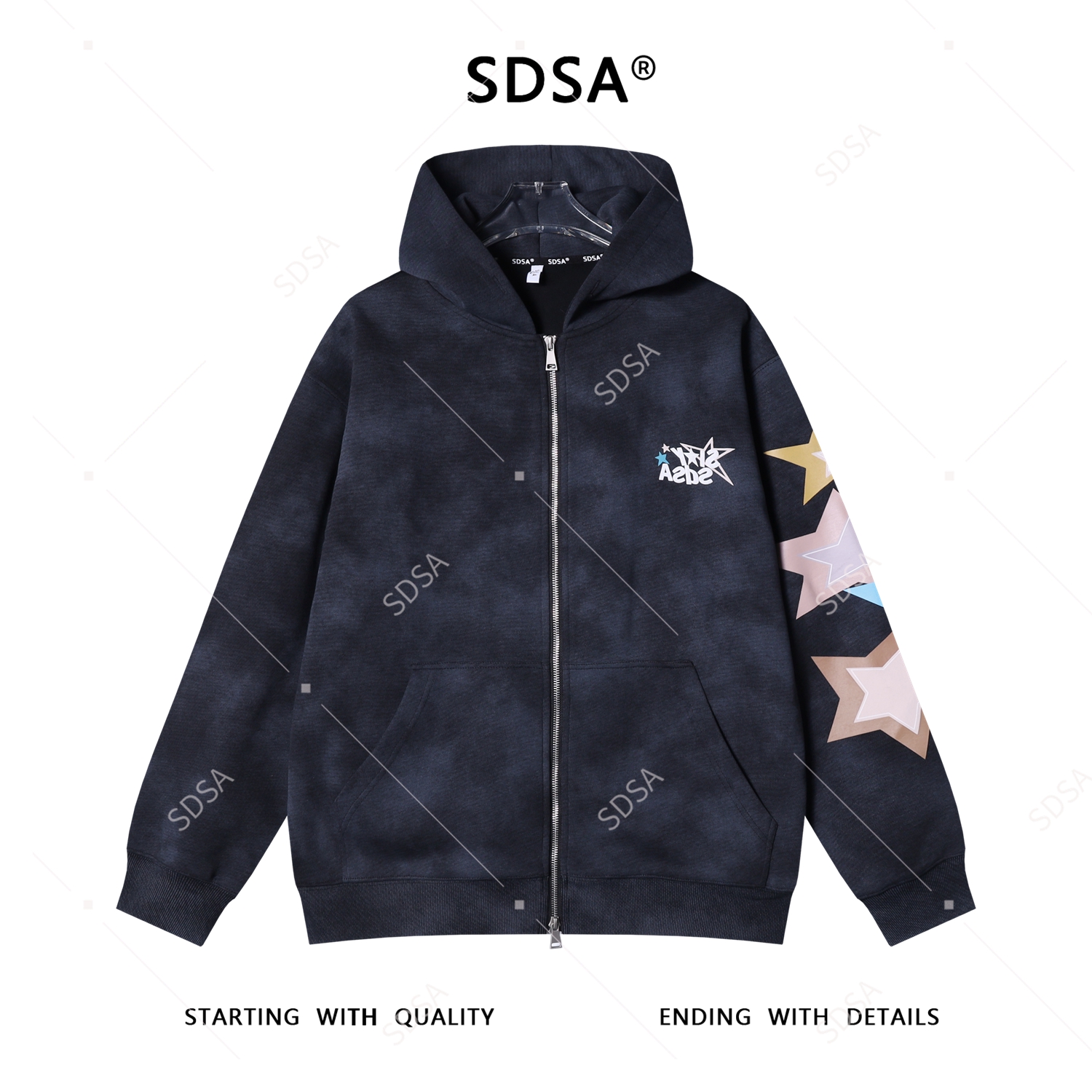 SDSA男士秋冬新款痞帅男装潮牌彩色星星字母印花拉链连帽卫衣百搭