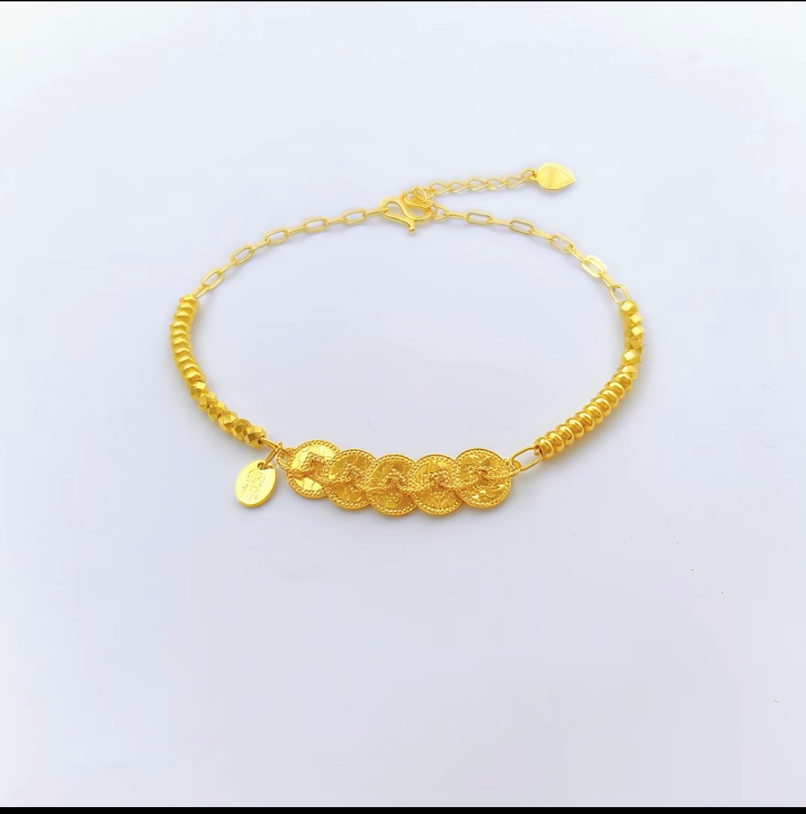 足银手链 M 5层 厚包足银999爆闪五帝钱21公分可调节