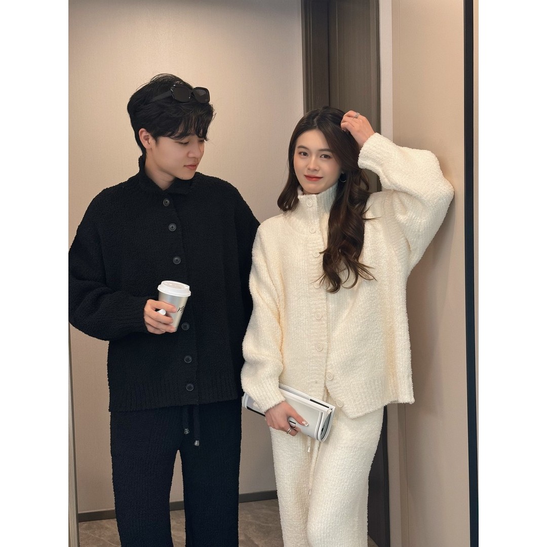 韩系甜美简约纯色半边绒睡衣女秋冬新款加厚保暖家居服套装可外穿