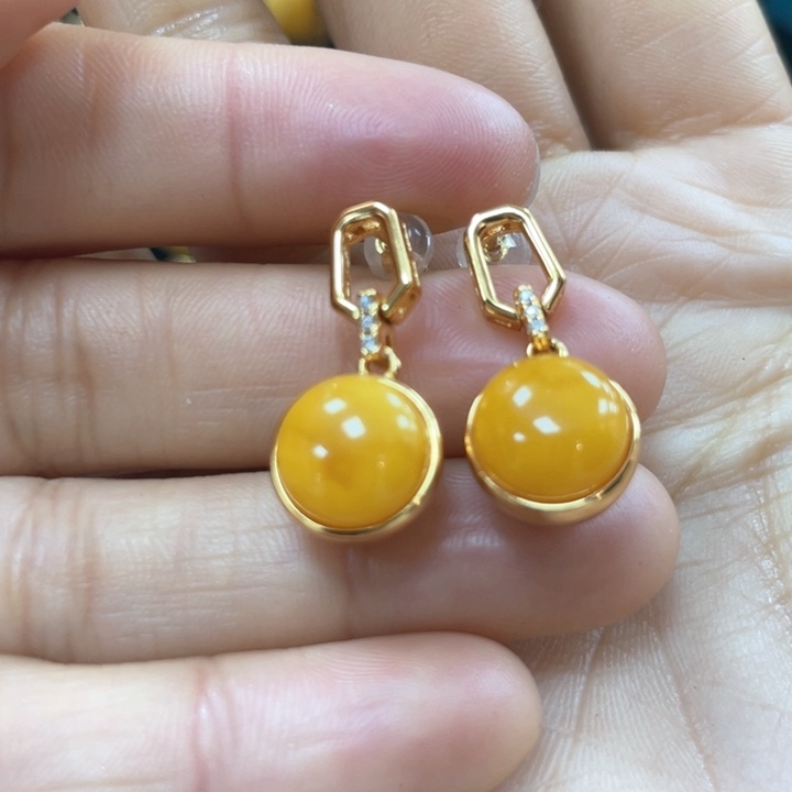 蜜蜡耳饰银S925镶嵌蜜蜡