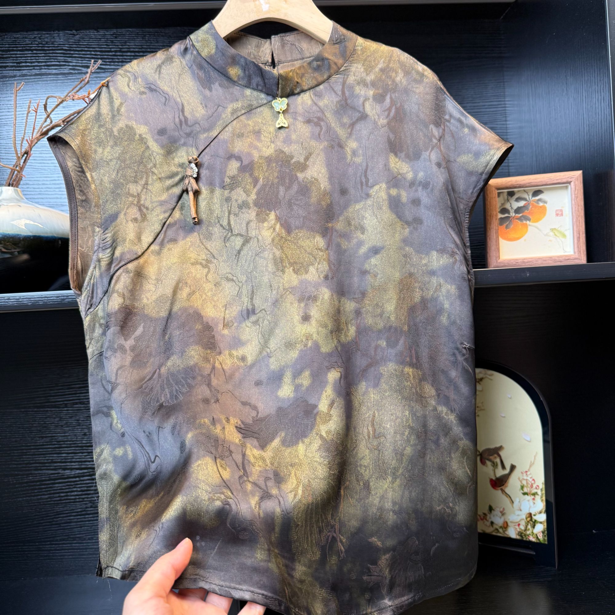 【褐金】中式斜襟薄款小飞袖小衫2318