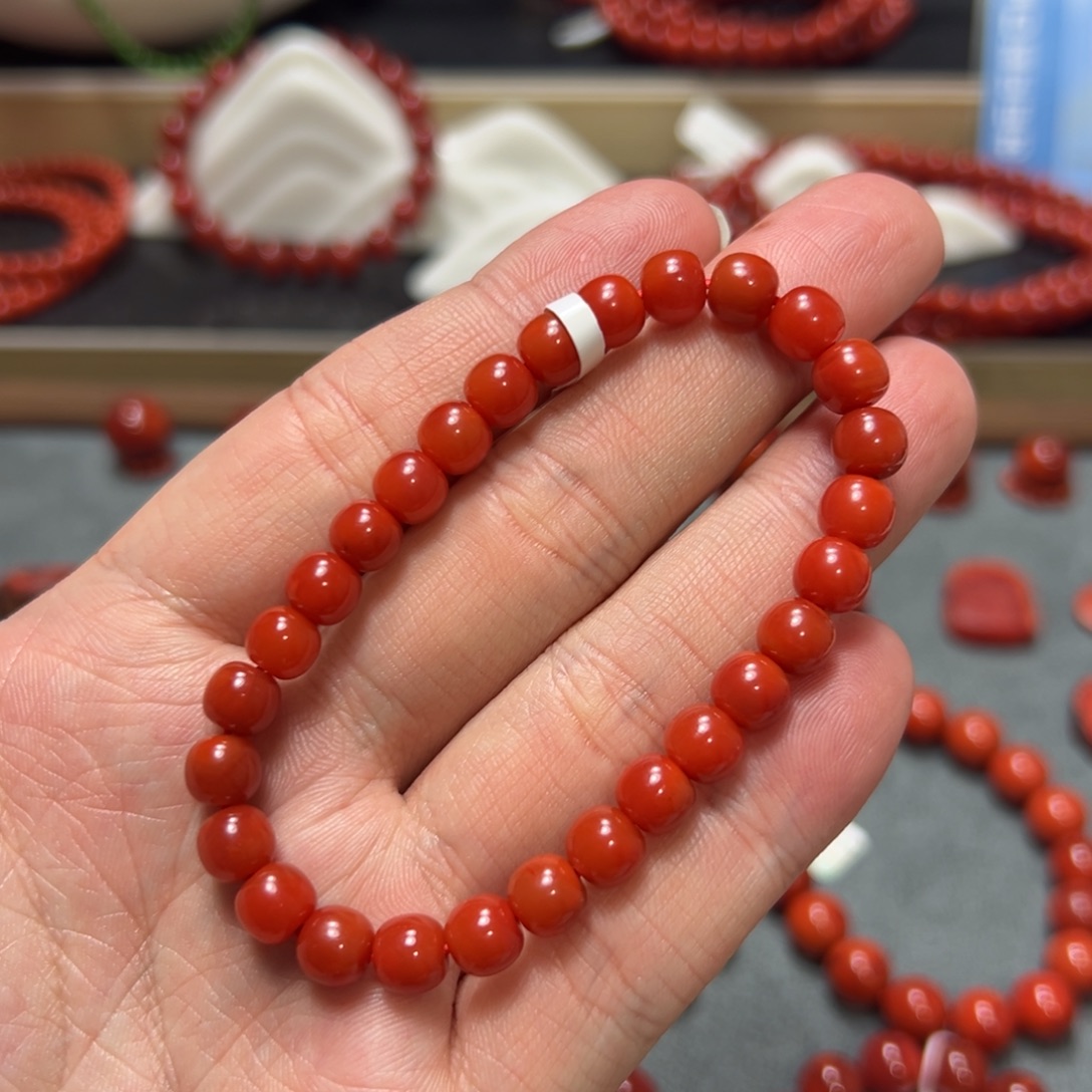 南红玛瑙未镶嵌手串柿子锦高玉化老型约7mm