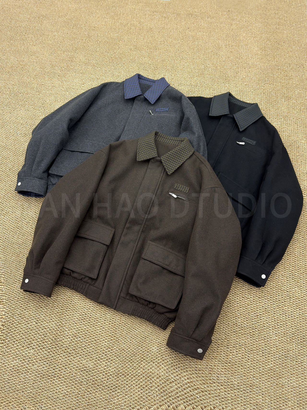 1羊毛鹅绒服小格纹拼接休闲美式轻奢工装短款男士外套夹克J96033