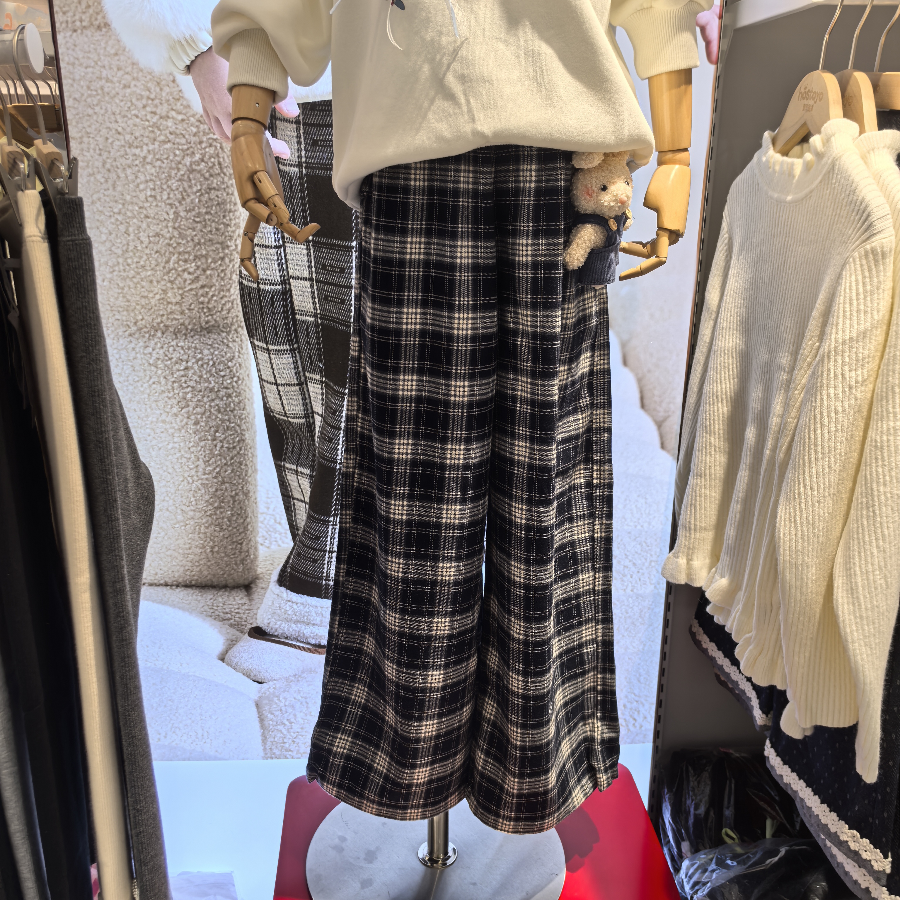 大女童秋季复古文艺宽松褶皱格子休闲裤时尚百搭经典