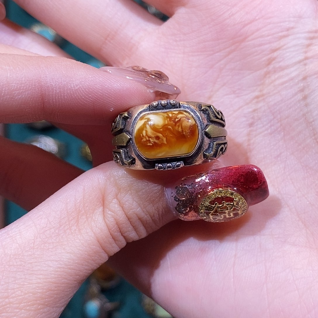 琥珀戒指银S925镶嵌3*·戒指