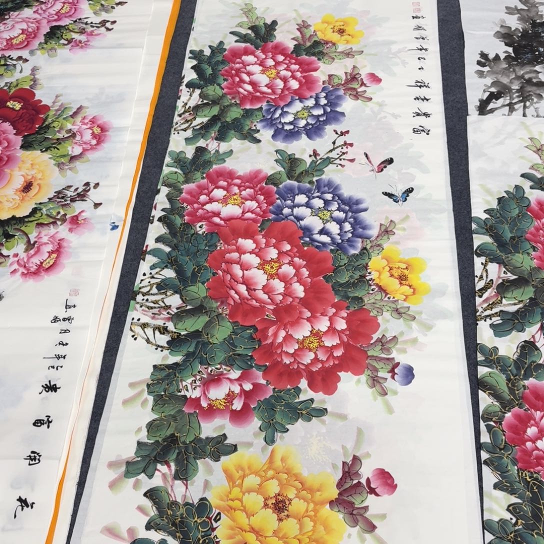 国画180×70千层金线牡丹画画