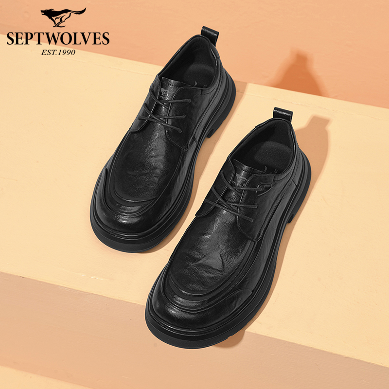 七匹狼男鞋秋季英伦风商务复古休闲皮鞋男士厚底轻便黑色工装潮鞋